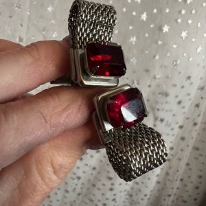 Silver tone mesh fold large red stone cuff links